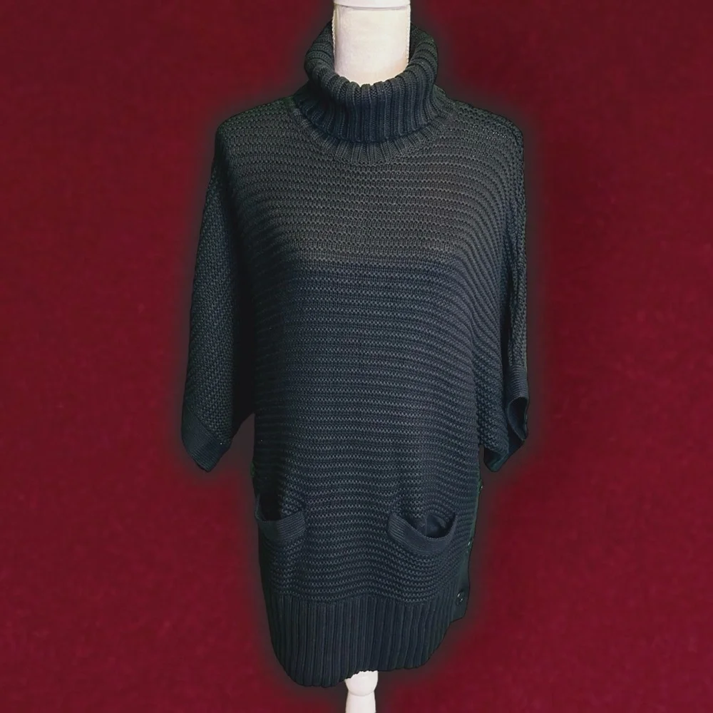 NWT J. Crew Black Cotton / Wool Blend Side Button ‘Turtleneck Poncho’ Size XS